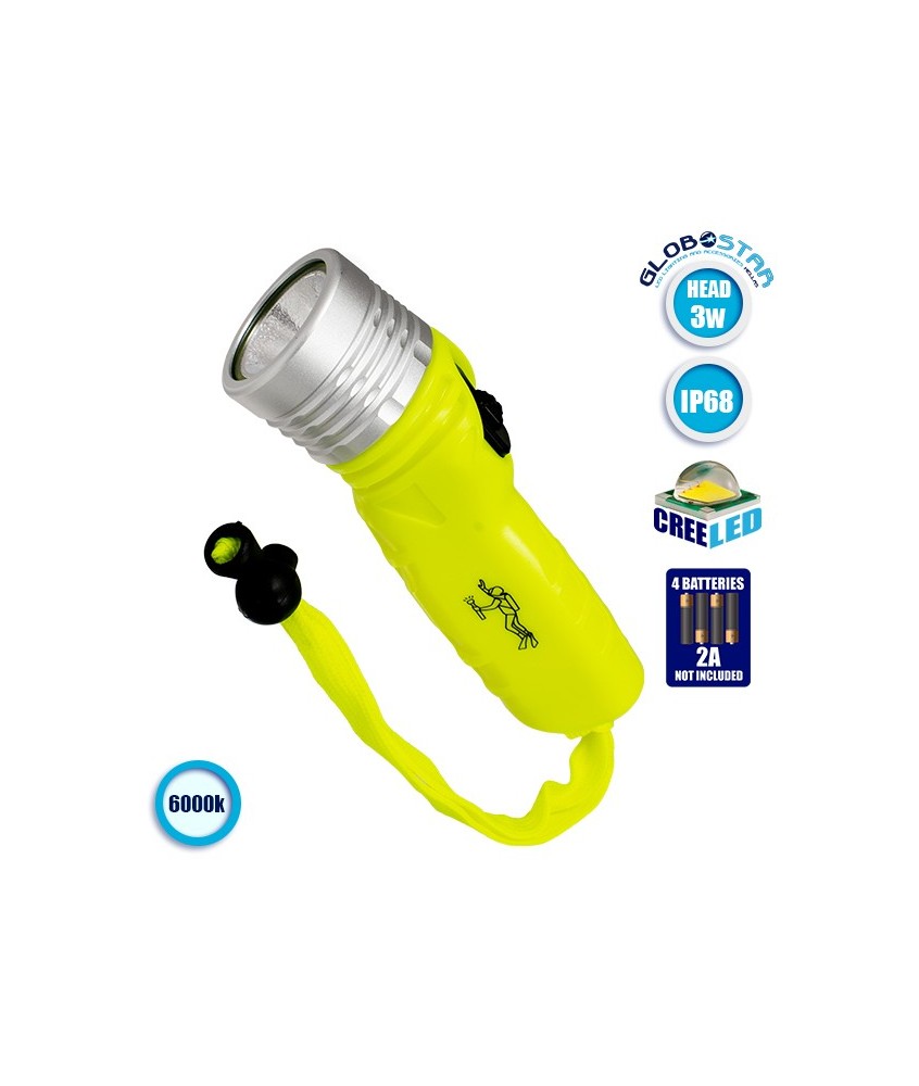 GloboStar® 79027 Αδιάβροχος Καταδυτικός Φορητός Φακός LED COB IP68 3W 300lm Ψυχρό Λευκό 6000K